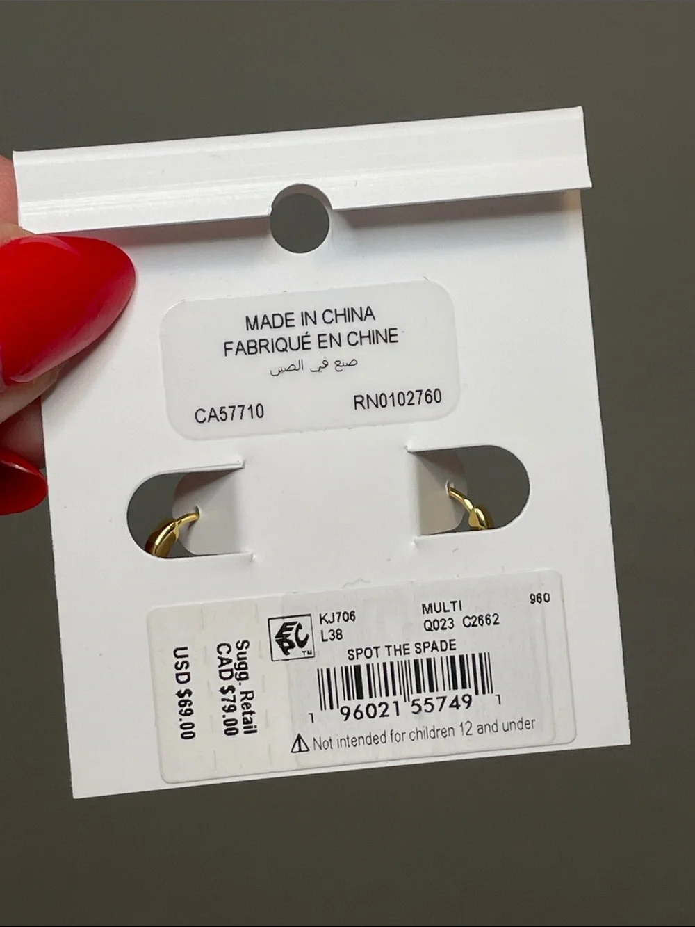 NWT kate spade Gold-Tone Multi-Color Crystal Spade Drop Hoop Earrings MSRP $69
